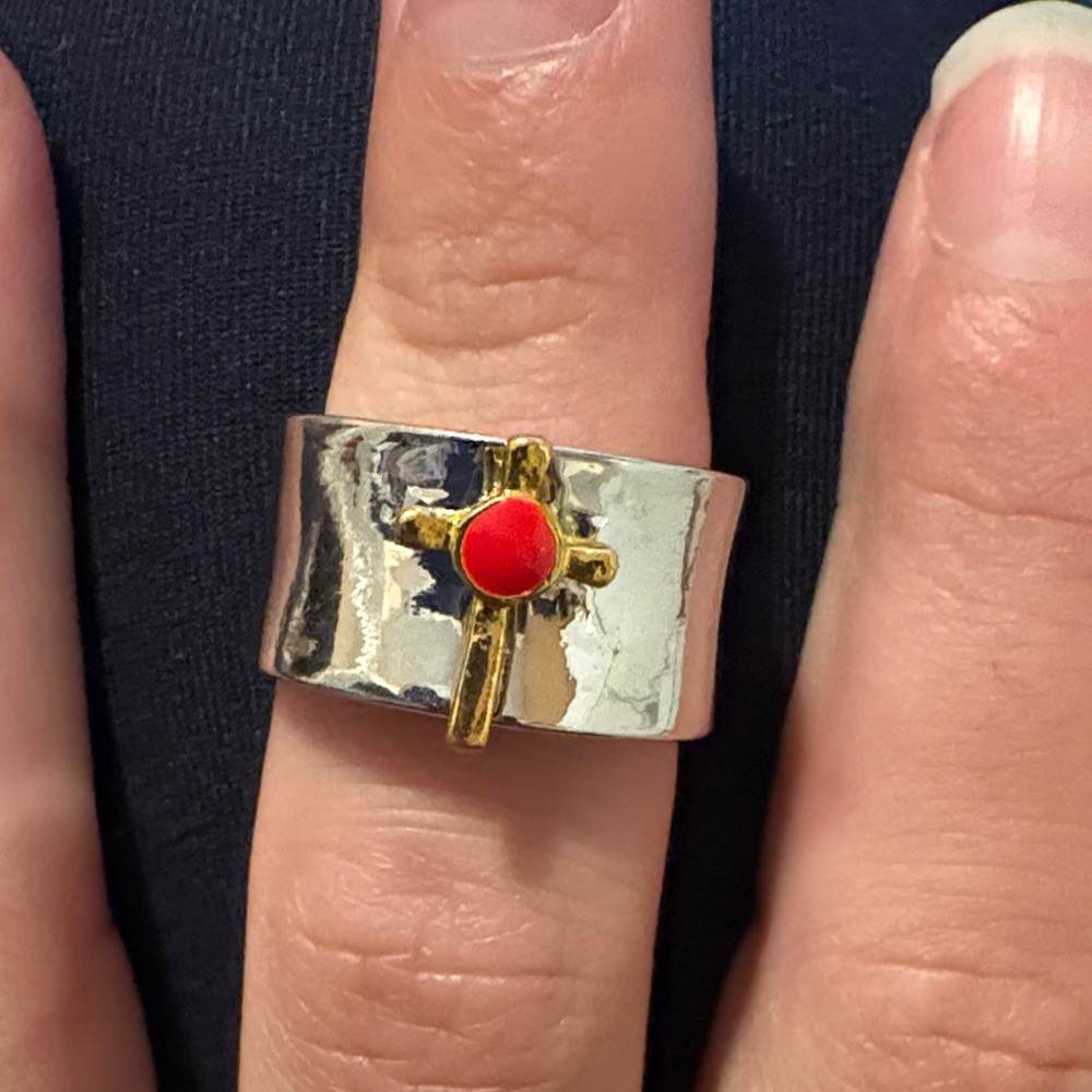 Silver and Gold Cross Ring with Red Ruby